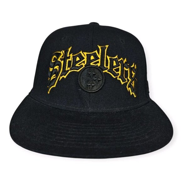 Pittsburgh Steelers NFL Fitted Hat Cap Size 7 Black Gold Gothic Letters - Picture 1 of 13